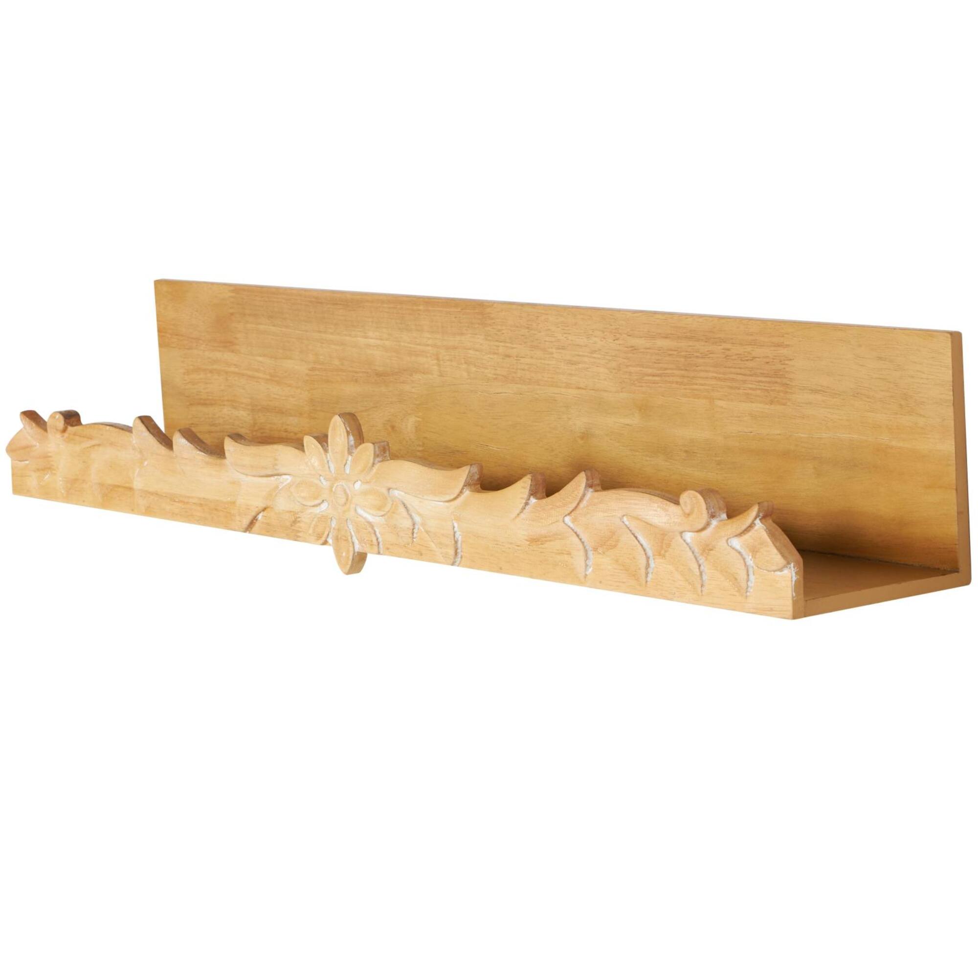 30" Light Brown Wooden Floral Room Wall Shelf with Carved Scroll Lip